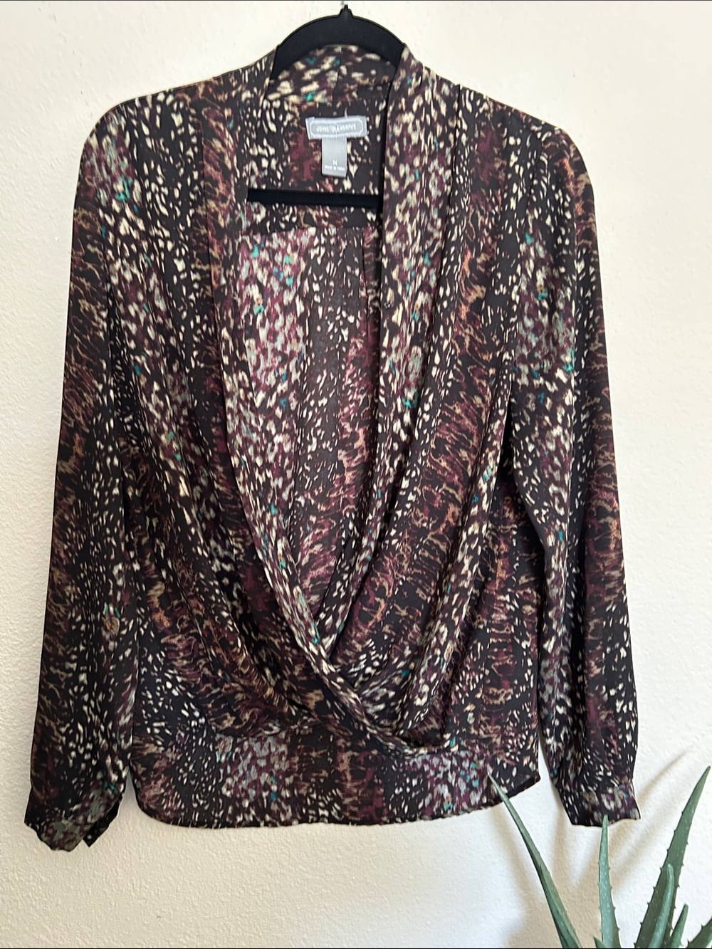 Johnston & Murphy Brown Abstract Print Draped Wrap Blouse